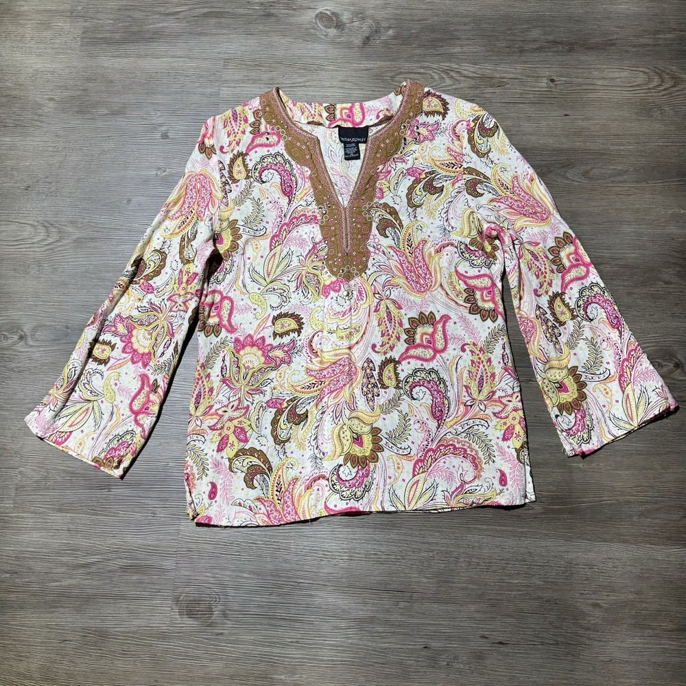 Cynthia Rowley Women's XL Paisley Linen Blend Embroidered Studded Boho Top